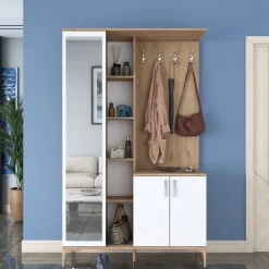 Säilytyskokonaisuus eteiseen Linento Furniture EA109-2695, leveys 120cm, valkoinen/ruskea