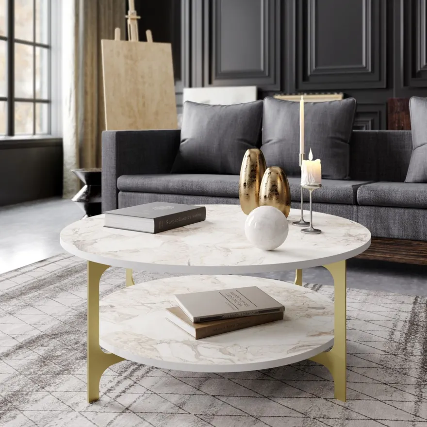 Sohvapöytä Linento Furniture Versy, 90cm, kulta/valkoinen