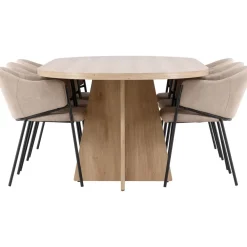 Soikea ruokailuryhmä Venture Home, 230x115cm ruskea Bootcut-pöytä + 6 beigeä Evelina-tuolia