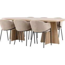 Soikea ruokailuryhmä Venture Home, 230x115cm ruskea Bootcut-pöytä + 6 beigeä Evelina-tuolia