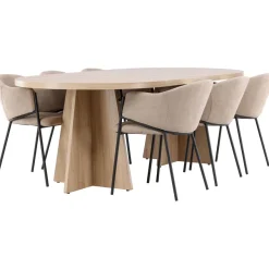 Soikea ruokailuryhmä Venture Home, 230x115cm ruskea Bootcut-pöytä + 6 beigeä Evelina-tuolia