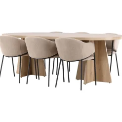 Soikea ruokailuryhmä Venture Home, 230x115cm ruskea Bootcut-pöytä + 6 beigeä Evelina-tuolia
