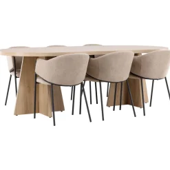Soikea ruokailuryhmä Venture Home, 230x115cm ruskea Bootcut-pöytä + 6 beigeä Evelina-tuolia