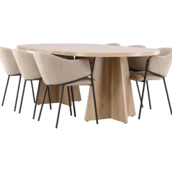 Soikea ruokailuryhmä Venture Home, 230x115cm ruskea Bootcut-pöytä + 6 beigeä Evelina-tuolia
