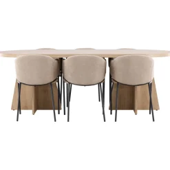 Soikea ruokailuryhmä Venture Home, 230x115cm ruskea Bootcut-pöytä + 6 beigeä Evelina-tuolia