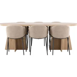 Soikea ruokailuryhmä Venture Home, 230x115cm ruskea Bootcut-pöytä + 6 beigeä Evelina-tuolia