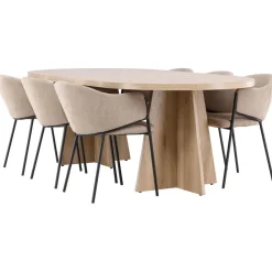 Soikea ruokailuryhmä Venture Home, 230x115cm ruskea Bootcut-pöytä + 6 beigeä Evelina-tuolia