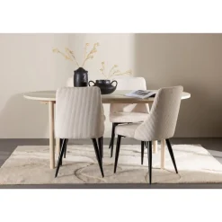 Soikea ruokailuryhmä Venture Home, 180x90cm vaalea Andy-pöytä + 4 beigeä Leone-tuolia, vakosametti