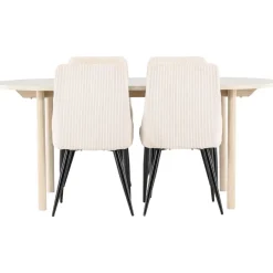 Soikea ruokailuryhmä Venture Home, 180x90cm vaalea Andy-pöytä + 4 beigeä Leone-tuolia, vakosametti