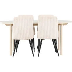 Soikea ruokailuryhmä Venture Home, 180x90cm vaalea Andy-pöytä + 4 beigeä Leone-tuolia, vakosametti