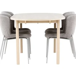 Soikea ruokailuryhmä Venture Home, 180x90cm vaalea Andy-pöytä + 4 harmaata Modesto-tuolia,