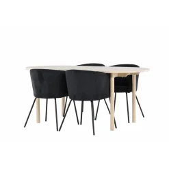 Soikea ruokailuryhmä Venture Home, 180x90cm vaalea Andy-pöytä + 4 mustaa Berit-tuolia, vakosametti