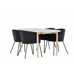 Soikea ruokailuryhmä Venture Home, 180x90cm vaalea Andy-pöytä + 4 mustaa Berit-tuolia, vakosametti