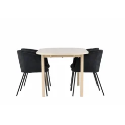 Soikea ruokailuryhmä Venture Home, 180x90cm vaalea Andy-pöytä + 4 mustaa Berit-tuolia, vakosametti