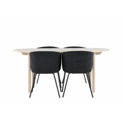 Soikea ruokailuryhmä Venture Home, 180x90cm vaalea Andy-pöytä + 4 mustaa Berit-tuolia, vakosametti