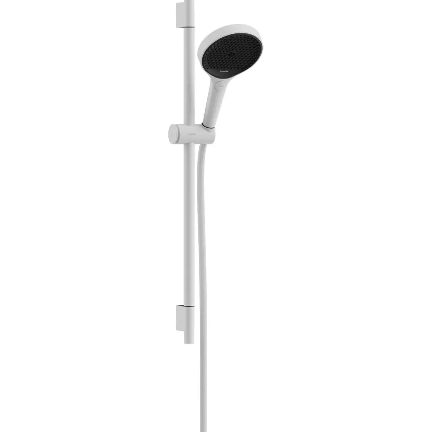 Suihkusetti Hansgrohe Rainfinity 130 3jet, suihkutanko S Puro 65 cm, liu'ulla ja Designflex-tekstiilisuihkuletkulla 160 cm, mattavalkoinen
