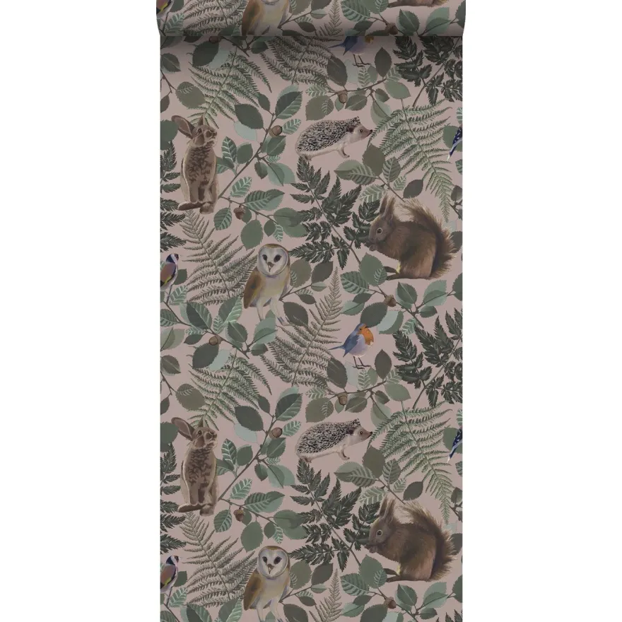 Tapetti Esta Forest Friends 139252, eläin, kasvi, vaaleanpunainen,vihreä