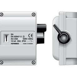 Turvakytkin Norwesco SA316H/M25, sivusta väännettävä, 3x16A+apukosketin, 4xM25 läpivientiä, 500V, 7.5kW, IP54, harmaa