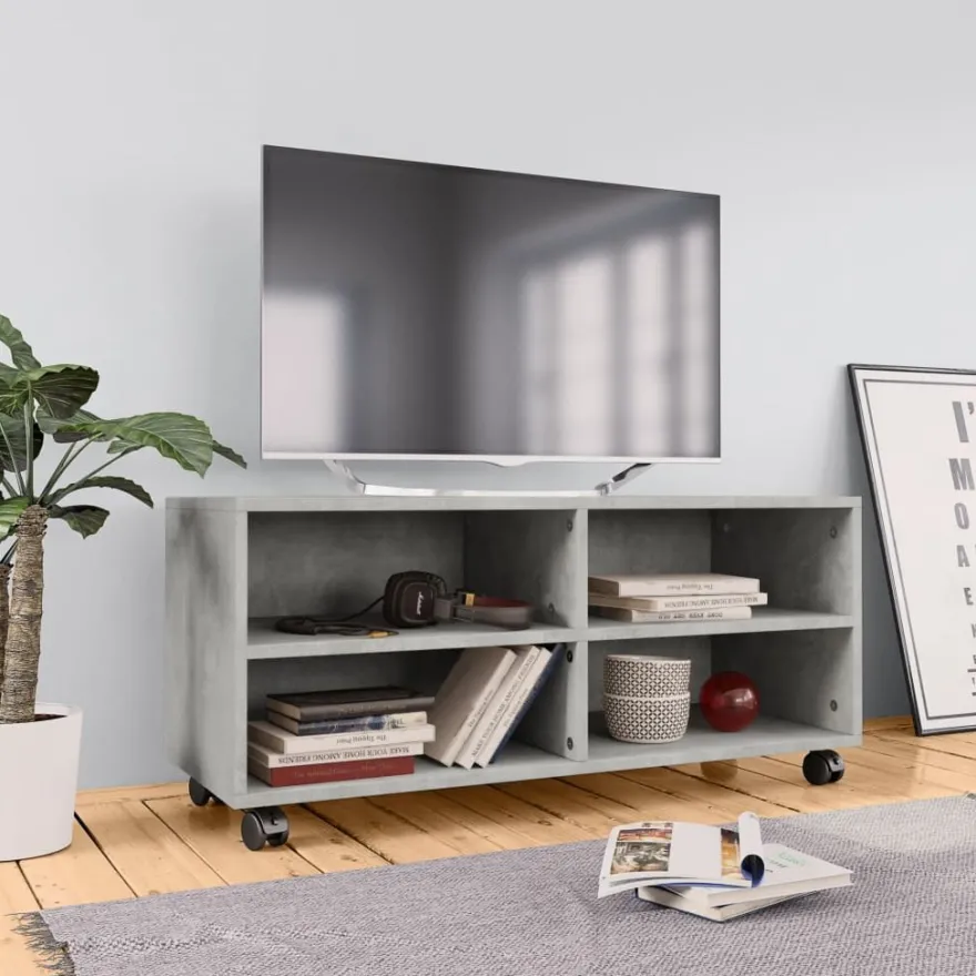 Tv-taso rullapyörillä betoninharmaa 90x35x35 cm lastulevy