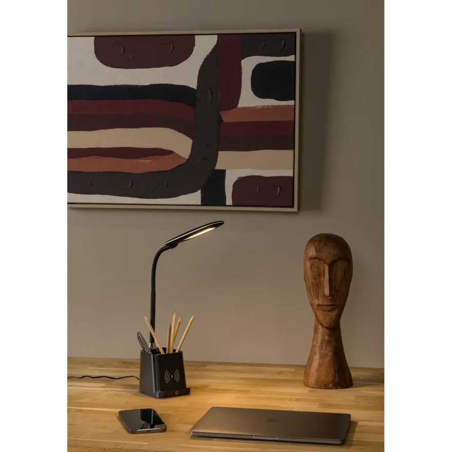 Työpöytävalaisin Lucide Penny 34cm, langaton latausasema, kynäteline, musta