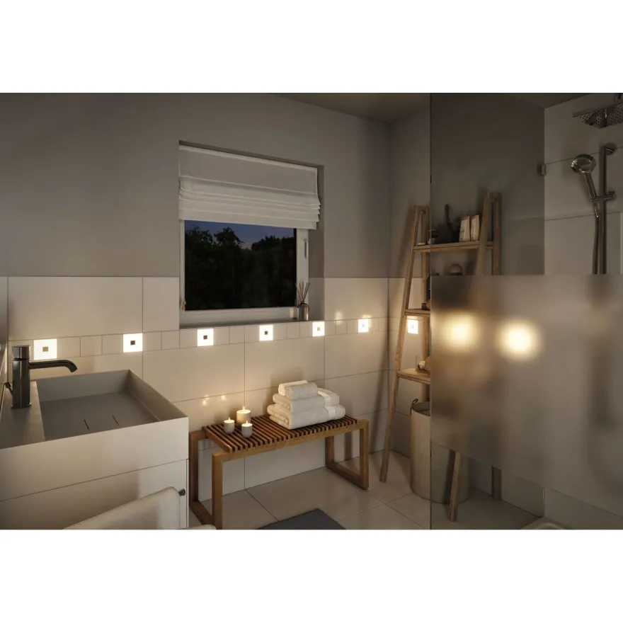 Upotettava LED-seinävalaisin Paulmann LumiTiles, IP44, 10x10cm, 2700K, himmennettävä, valkoinen