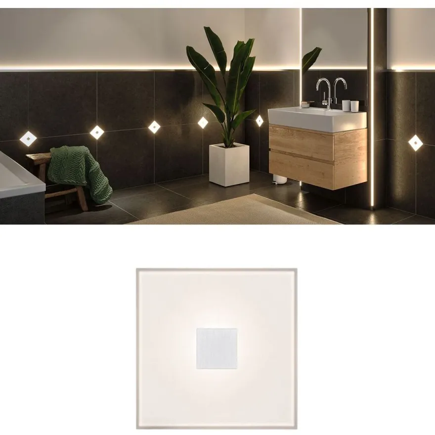 Upotettava LED-seinävalaisin Paulmann LumiTiles, IP44, 10x10cm, 2700K, himmennettävä, valkoinen