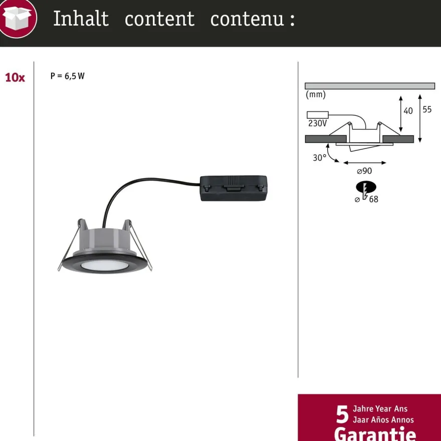 Upotettava LED-valaisin Paulmann Calla, 10kpl, IP65, Ø90mm, 6W, 500lm, 4000K, mattamusta