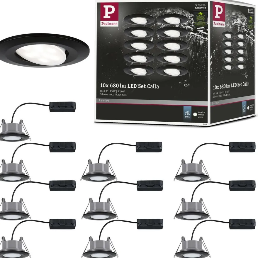 Upotettava LED-valaisin Paulmann Calla, 10kpl, IP65, Ø90mm, 6W, 500lm, 4000K, mattamusta