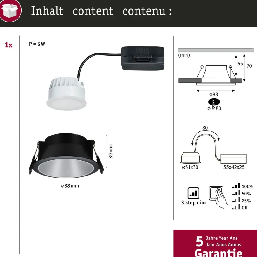 Upotettava LED-valaisin Paulmann Cole Coin, IP44, Ø88mm, 6W, 470lm, 2700K, himmennettävä, eri värejä