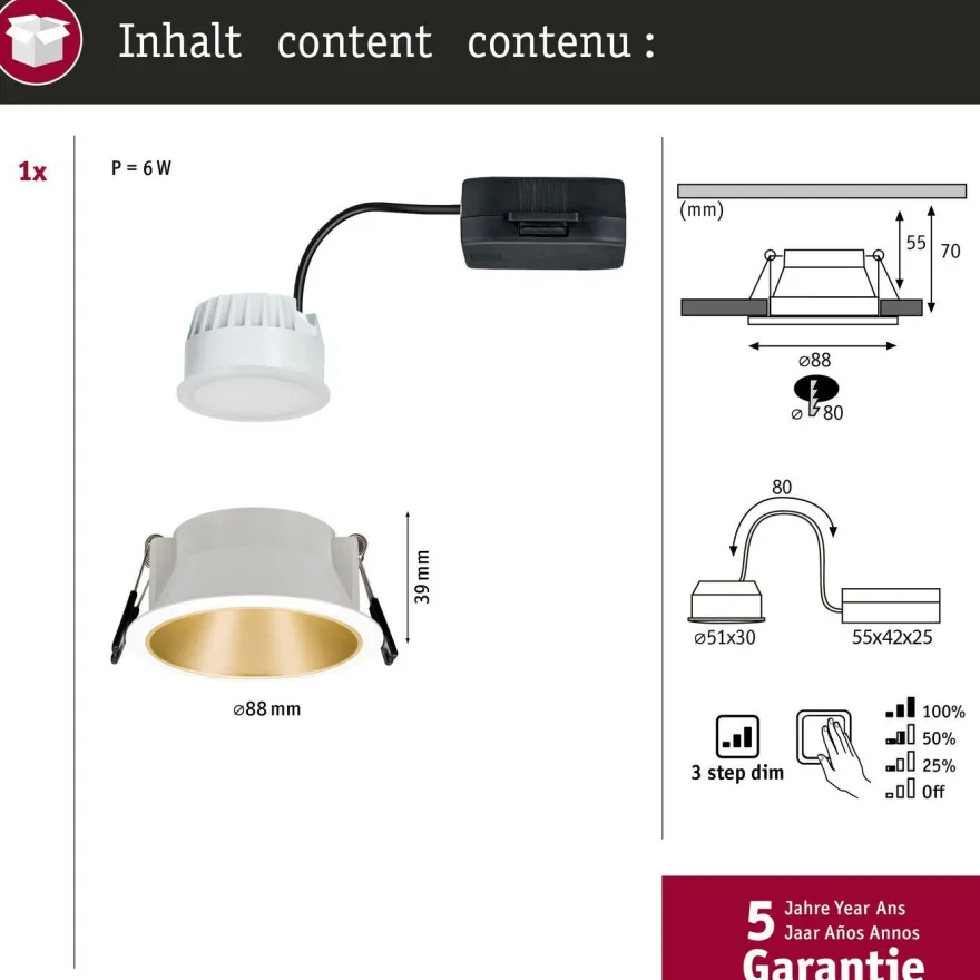 Upotettava LED-valaisin Paulmann Cole Coin, IP44, Ø88mm, 6W, 470lm, 2700K, himmennettävä, eri värejä