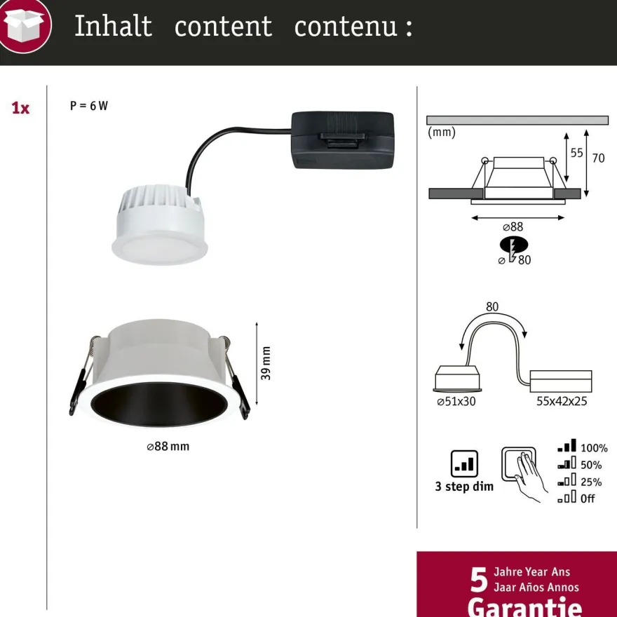 Upotettava LED-valaisin Paulmann Cole Coin, IP44, Ø88mm, 6W, 470lm, 2700K, himmennettävä, eri värejä