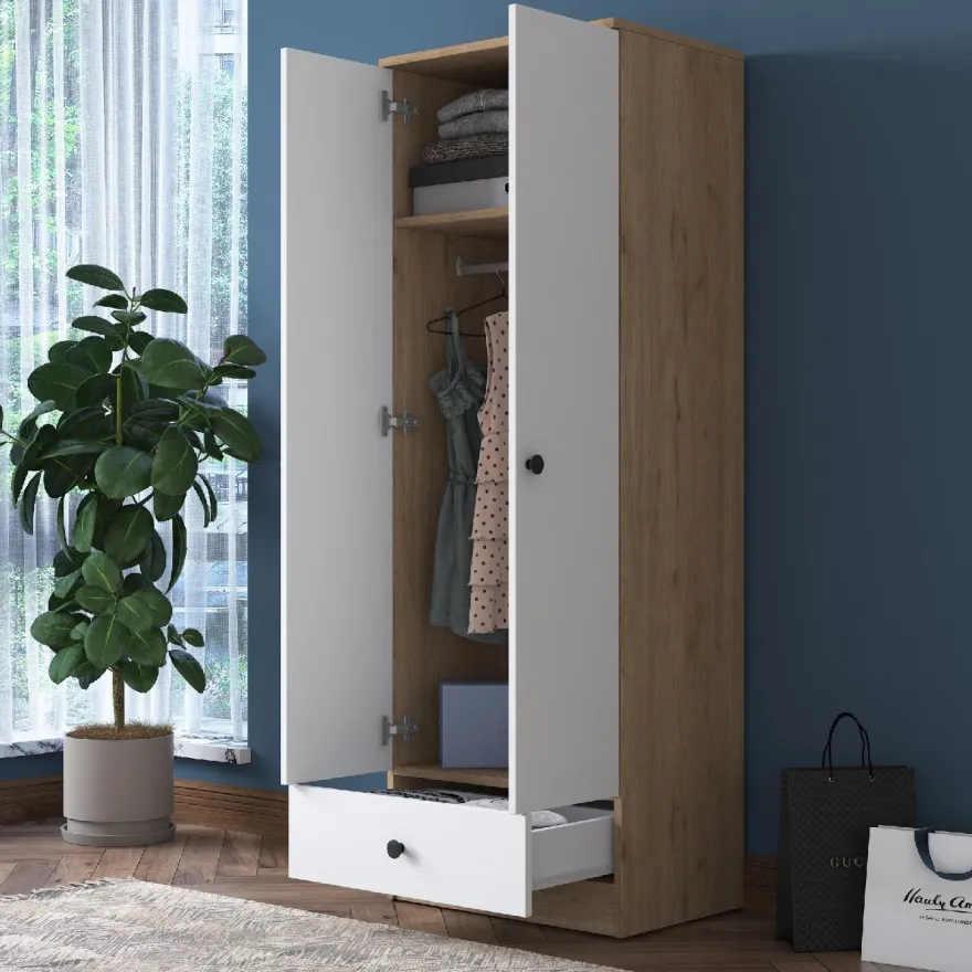 Vaatekaappi Linento Furniture BA118 2418, 60cm, valkoinen/pähkinä