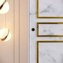 Vaatekaappi liukuovilla Linento Furniture Martin, 150cm, valkoinen marmori/kulta